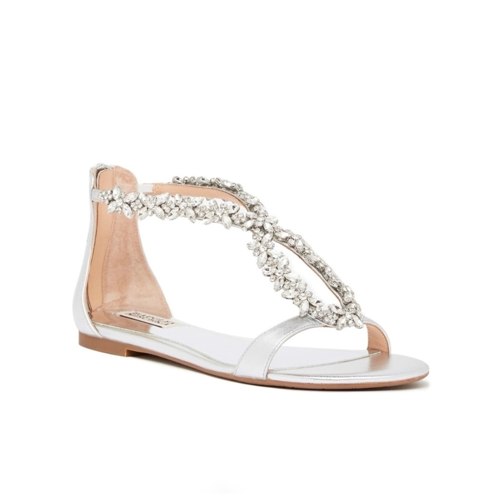 BADGLEY MISCHKA Silver Rhinestone Haynes Silmet Sandal Shoes Leather Size 8.5